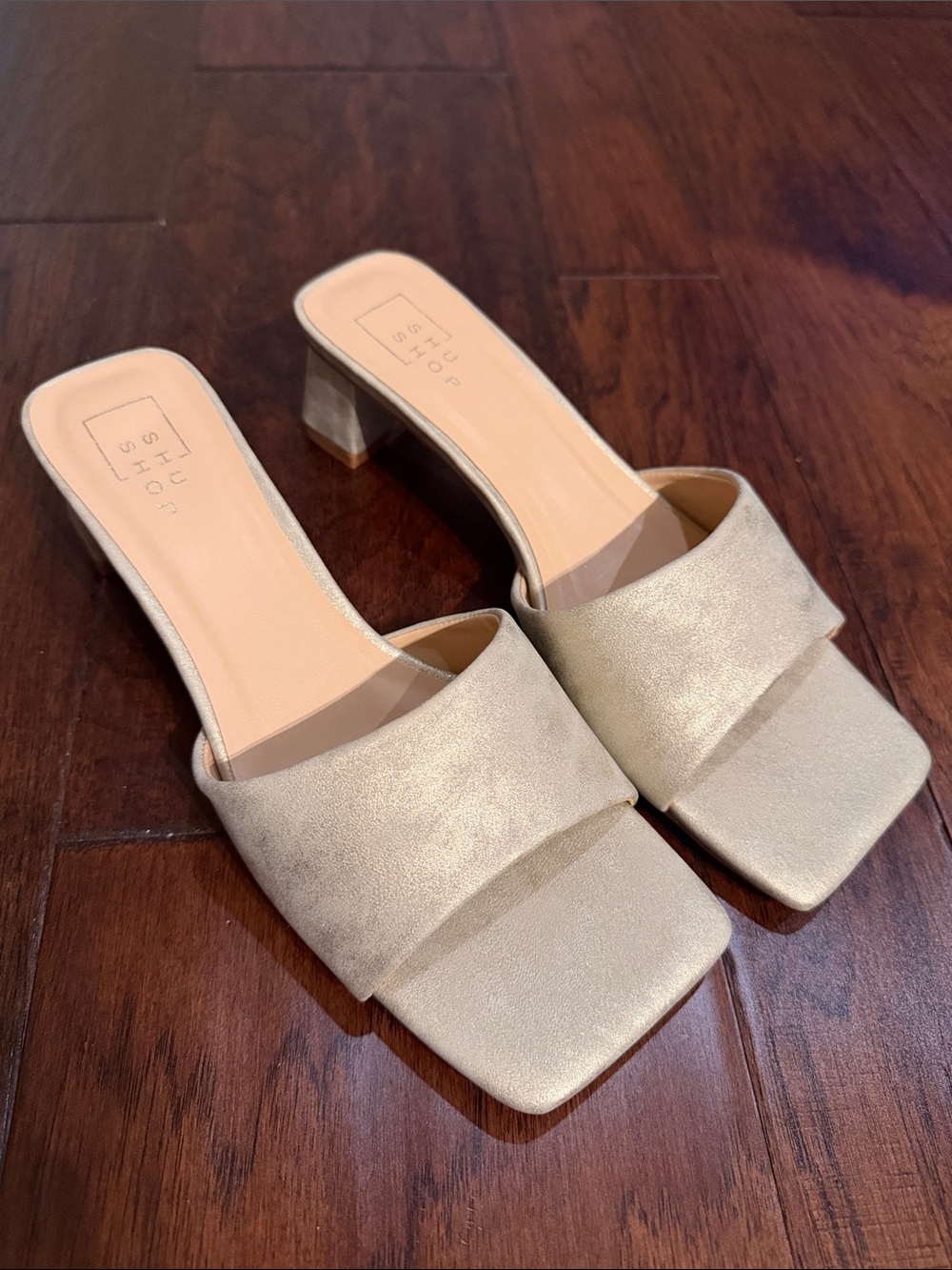 ShuShop Shimmery Cream Square Toe Block Heel Mules